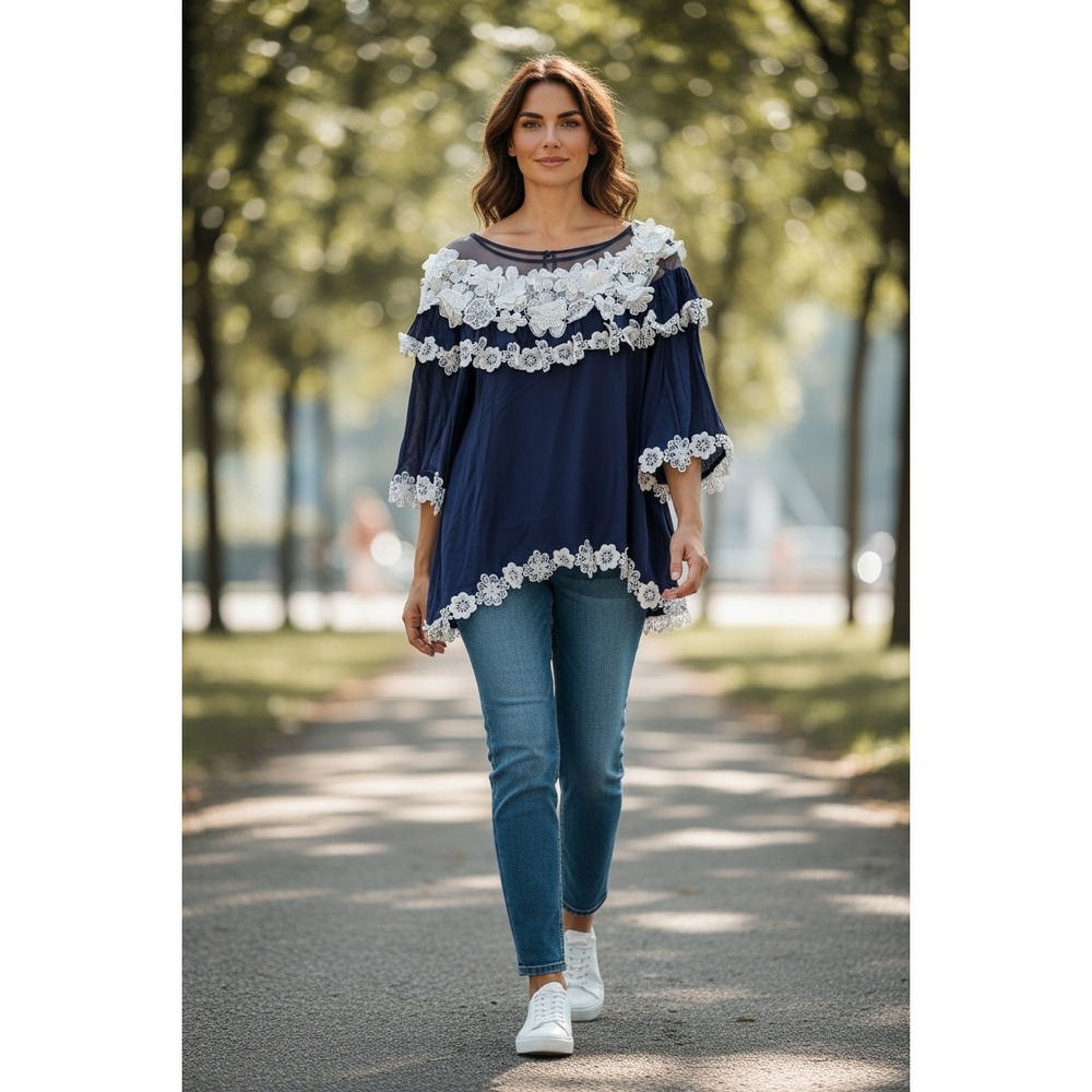 PASTEL Navy‎ Blue Lace Floral Tunic Boho Ruffle Top Blouse Women's Size 2XL
